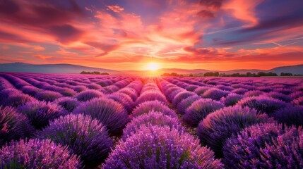 A field of lavender flowers under a setting sun, casting a warm glow over the landscape.