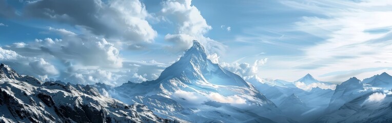 A realistic painting depicting a grand mountain range under a cloudy sky. The mountains rise sharply, creating a dramatic scene against the backdrop of billowing clouds.