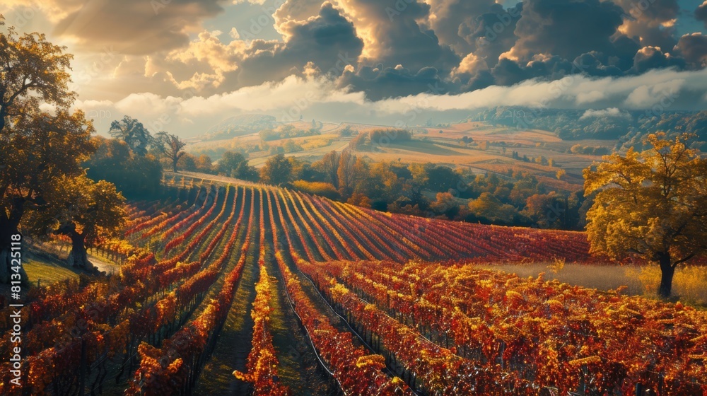 Poster a field of grapes with a cloudy sky in the background. the grapes are ripe and ready for harvest