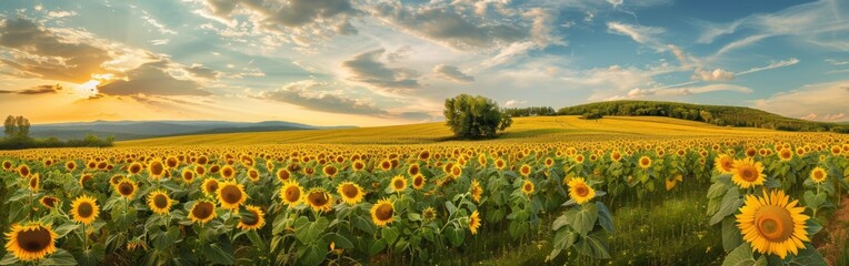 Fototapeta premium A field filled with bright yellow sunflowers stretches towards the horizon under a sky covered in thick clouds. The suns rays peek through gaps in the clouds, casting a soft light on the flowers.