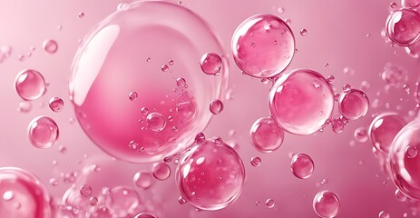  red pink abstract oil bubbles or face serum background. pink Oil and water bubbles molecule ,pink Bubbles oil or collagen serum for cosmetic product, banner poster 