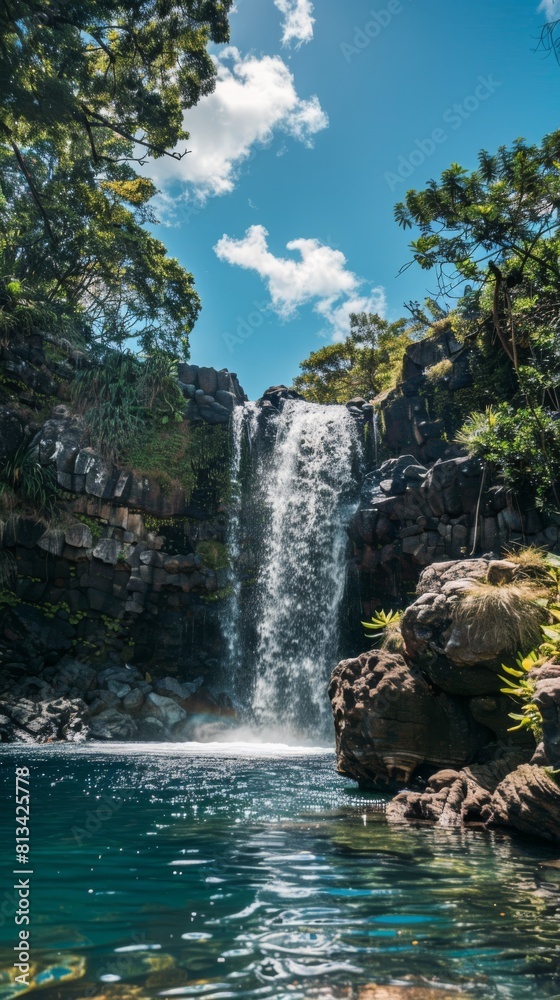 Poster A powerful waterfall cascades into a body of water surrounded by nature. The rushing water creates a dynamic display in the tranquil lake.