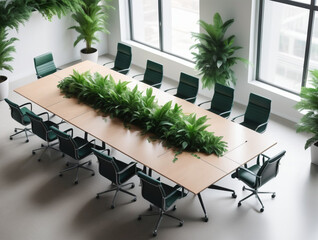 Top view of a modern conference room with a long table, light background, office meeting concept,chairs and green plants.