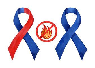 Watercolor red and blue ribbons with fire set. Symbol of International Firefighters' Day. Hand drawn watercolor illustration isolated on tranparent