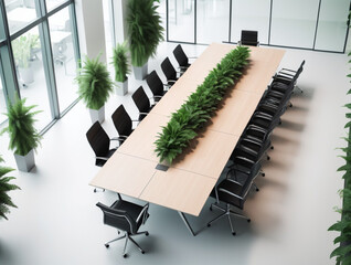 Top view of a modern conference room with a long table, light background, office meeting concept,chairs and green plants.
