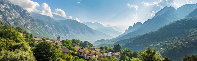 A stunning view of a village nestled in the scenic mountains, with houses, roads, and trees dotting the landscape. The mountains loom majestically in the background, creating a picturesque setting.