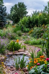 A lush green backyard garden filled with colorful flowers, winding pathways, and a tranquil water feature, providing a peaceful retreat, Generative AI