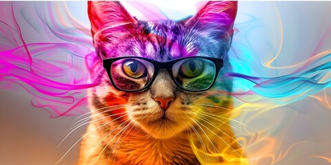 Naklejka premium Colorful abstract cat muzzle with glasses on white background modern art print. Concept Art, Abstract, Cat, Glasses, Modern Print
