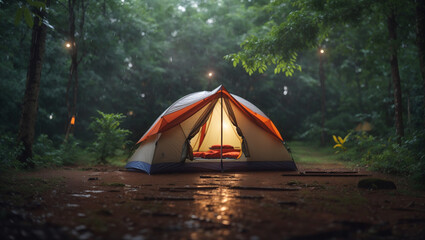  tent is pitched on a wooden platform in a fores