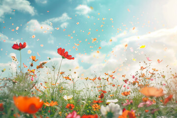 a beautiful field of flowers with flying petals