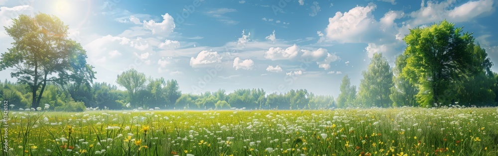 Poster A large field of grass with a few trees in the background. The sky is blue with a few clouds