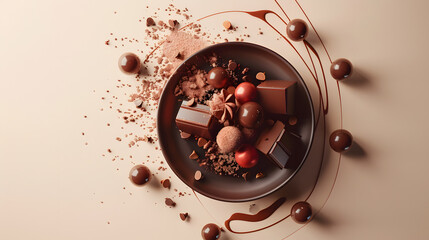 Fine dining chocolate dessert from above, components arranged to form a modern art sculpture, in a...