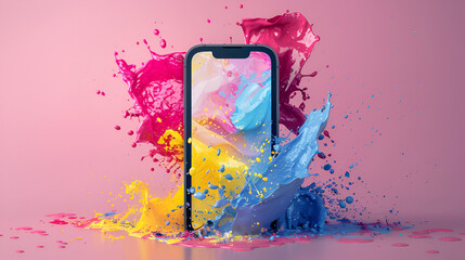 Smartphone on colorful background Paper mobile phone with foliage Deidre Taffeta - Teflon - Smartphone, Generative Ai