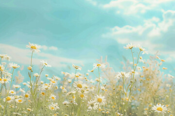 A beautiful spring flower field summer meadow Natural colorful landscape with many wild flowers of daisies against blue sky A frame with soft selective focus Magical nature background  © xadartstudio