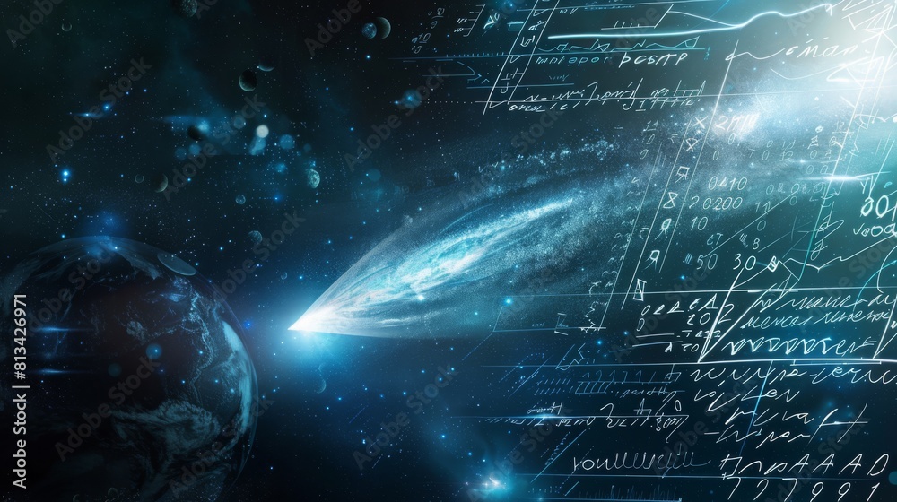 Aufkleber A planet is shown with a comet coming towards it. The comet is surrounded by a lot of numbers and equations. Concept of the vastness of space and the complexity of the universe