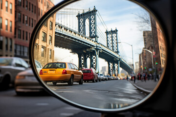 Urban Reflection: Side Mirror View with bridge. Street scene reflected in the side mirror of a...