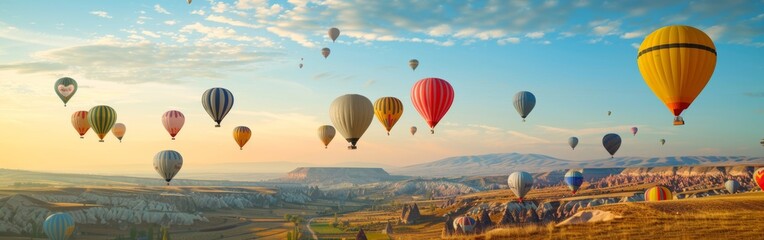 Fototapeta premium A group of colorful hot air balloons floating through the sky, with their burners firing up and passengers enjoying the breathtaking aerial view.
