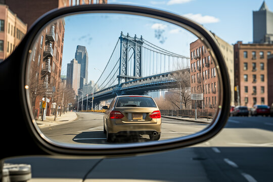 Urban Reflection: Side Mirror View. Street scene reflected in the side mirror of a vehicle. Generative AI