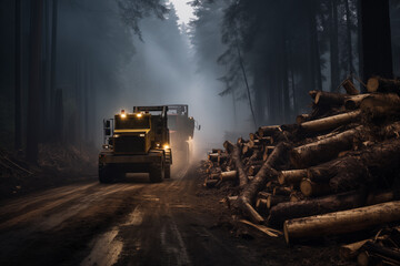 truck in the forest. Logging process in a Rainy Forest. The logging industry. Generative AI