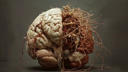 f a brain split in half, with roots growing out of one half and the other half is smooth.