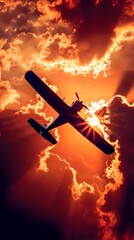 Naklejka premium A small airplane is seen flying through a sky filled with thick, gray clouds. The airplane appears to be in motion, soaring above the clouds with its engine propelling it forward.