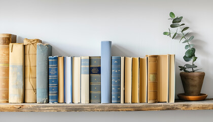 Naklejka premium Many hardcover books on wooden shelf near white wall