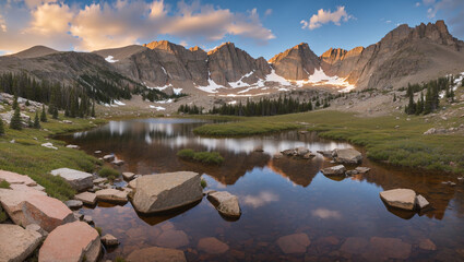 mountain lake in a valley with snow-capped mountains 