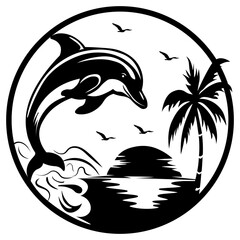 Dolphin Sunset, Hand Drawn Vector Illustration
