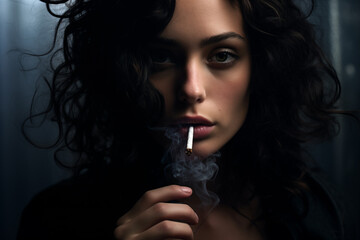Obraz premium Intense Portrait. Woman with a cigarette in her mouth, staring directly at the camera with a serious expression. Generative AI