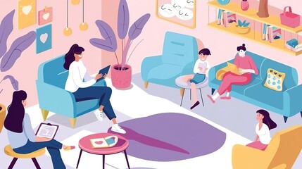 A therapist is talking to a family in a therapy session