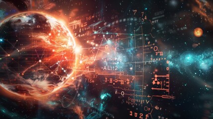 Fototapeta premium A colorful space scene with a planet and a bunch of numbers and letters. The numbers and letters are arranged in a way that they look like they are floating in space