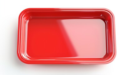 Food tray made of glossy red plastic, isolated on a white background. top view. Three-dimensional drawing