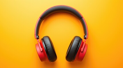 Vibrant Red and Black Headphones on a Bright Yellow Background