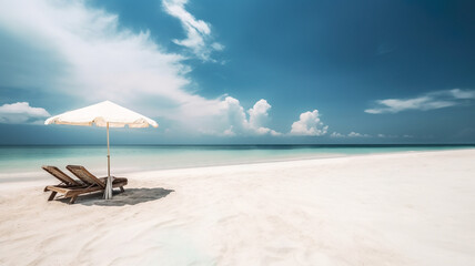 Amazing White Sand Beach Panorama Landscape With Longer Chairs And Umbrella As Travel Tourism Concept  - Generative AI
