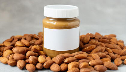 Peanut, almond, nut butter jar mockup with blank label. Closeup