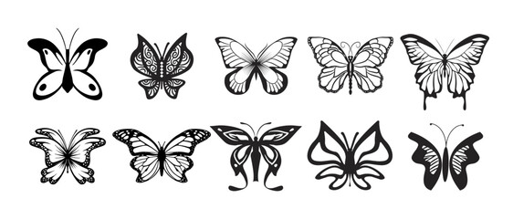 Set of line art butterflies, monochrome illustration butterflies vector