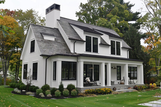 A brand new, white contemporary farmhouse with a dark shingled roof and black windows