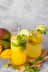 selective focus of mango mojito with a grey background. 