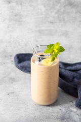 selective focus of healthy food Oats Banana Smoothie. 