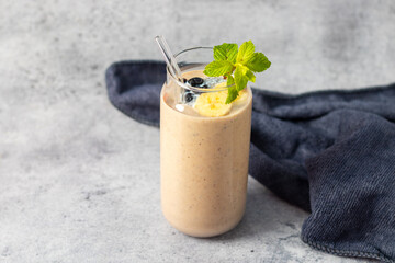 selective focus of healthy food Oats Banana Smoothie. 