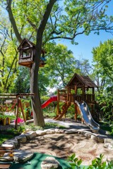 Obraz premium A whimsical backyard play area with a treehouse, swing set, and sandbox, providing endless hours of imaginative play for children, Generative AI