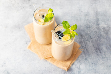 selective focus of healthy food Oats Banana Smoothie. 