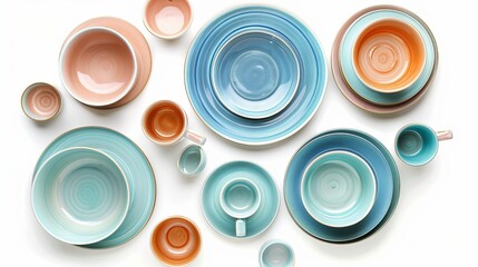 Beautiful dinnerware set in top view, featuring a round porcelain dish, a cup bowl, and an isolated image on a white background.