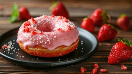 Strawberry Frosted Donut on Plate with Fresh Berries