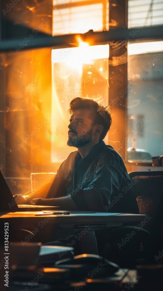 Poster a man is sitting at a desk with a laptop in front of him. he is wearing a black shirt and a beard. t