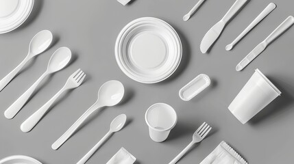 On a gray background, white plastic disposable tableware