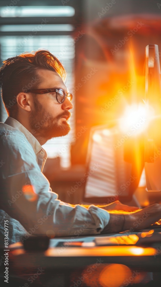 Poster a man is sitting at a desk with a computer monitor in front of him. he is wearing glasses and he is 