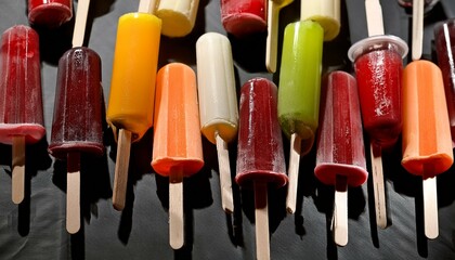Fresh fruit popsicles pattern. Background with popsicles. Cold ice cream on black background.