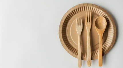 Zero waste concept. A white background with an isolated wooden fork, spoon, and knife on a paper plate. Rejection in plastic.