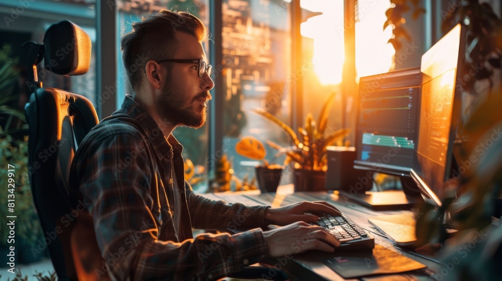 Poster A man is seated at a desk, focused on the computer in front of him. He appears to be working intently on the screen, with papers and a mug on the desk.